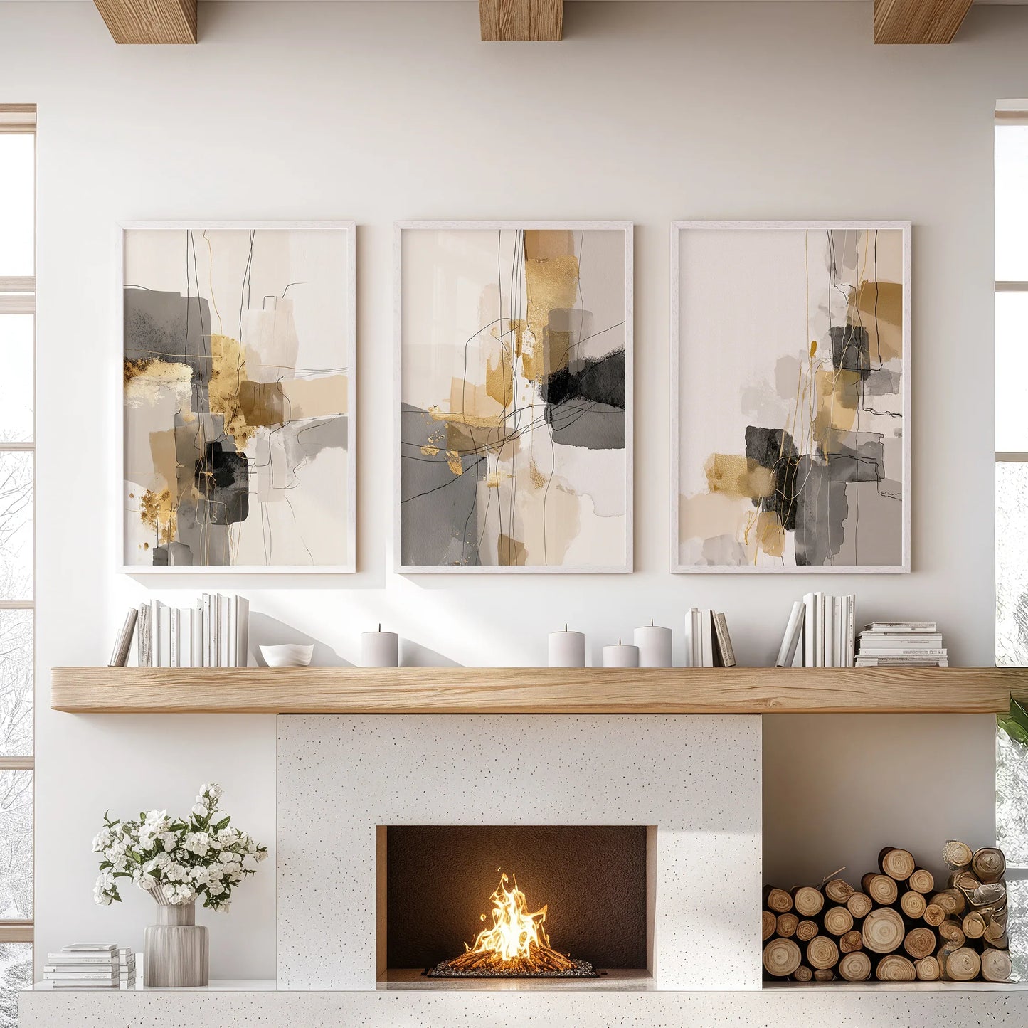 Neutral Abstract Wall Art Set of 3 Beige Gray Gold Prints