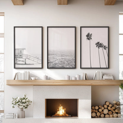 Black and White Coastal Wall Art Set of 3 (Unframed)