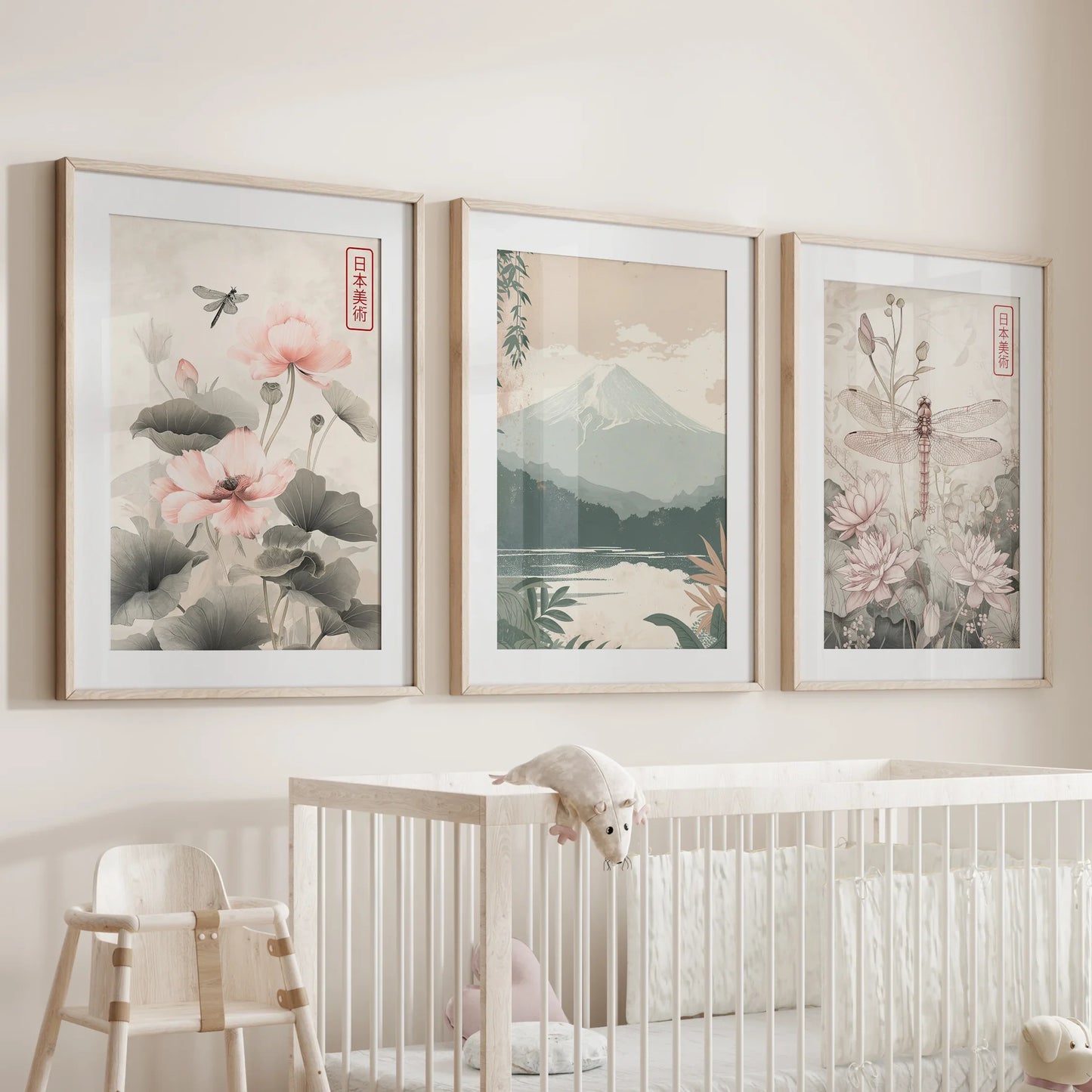 Japandi Botanical Wall Art, Floral and Mountain Set of 3