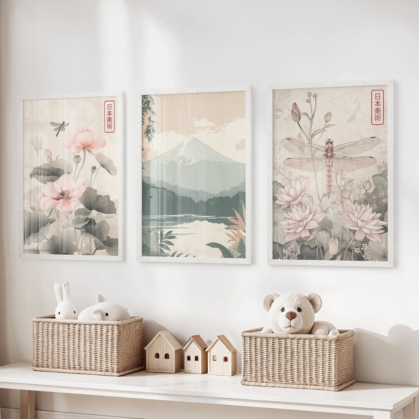 Japandi Botanical Wall Art, Floral and Mountain Set of 3