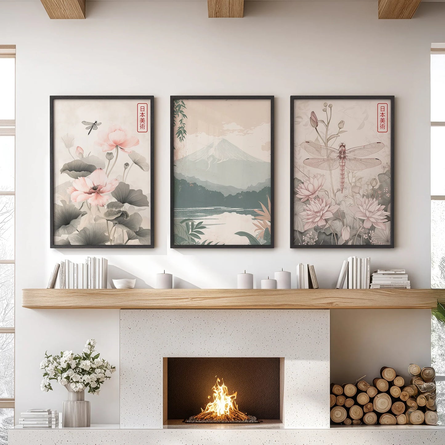 Japandi Botanical Wall Art, Floral and Mountain Set of 3