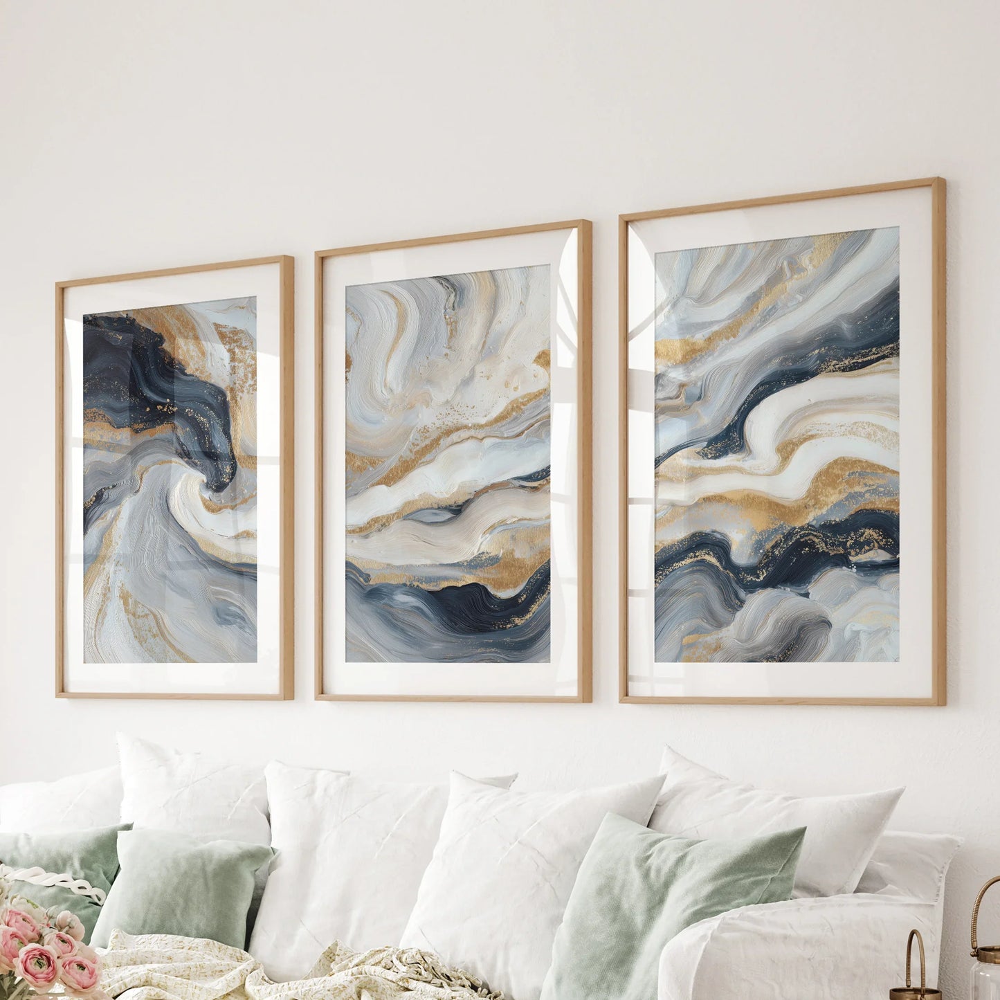 Marble Abstract Wall Art Set of 3 Navy Blue and Gold Prints
