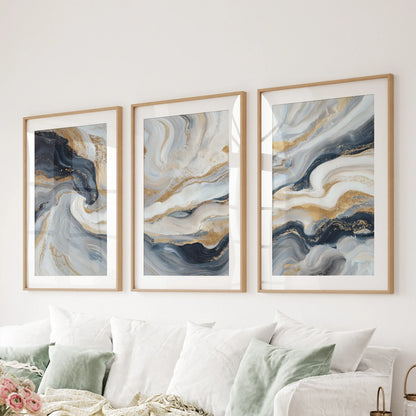 Marble Abstract Wall Art Set of 3 Navy Blue and Gold Prints