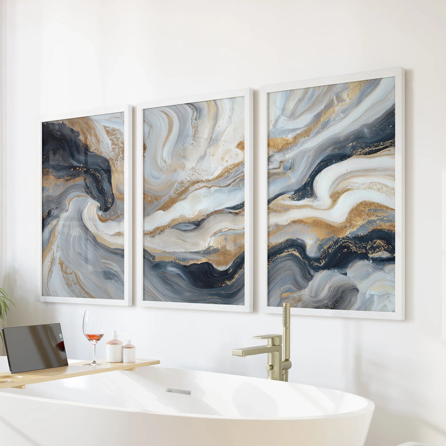 Marble Abstract Wall Art Set of 3 Navy Blue and Gold Prints