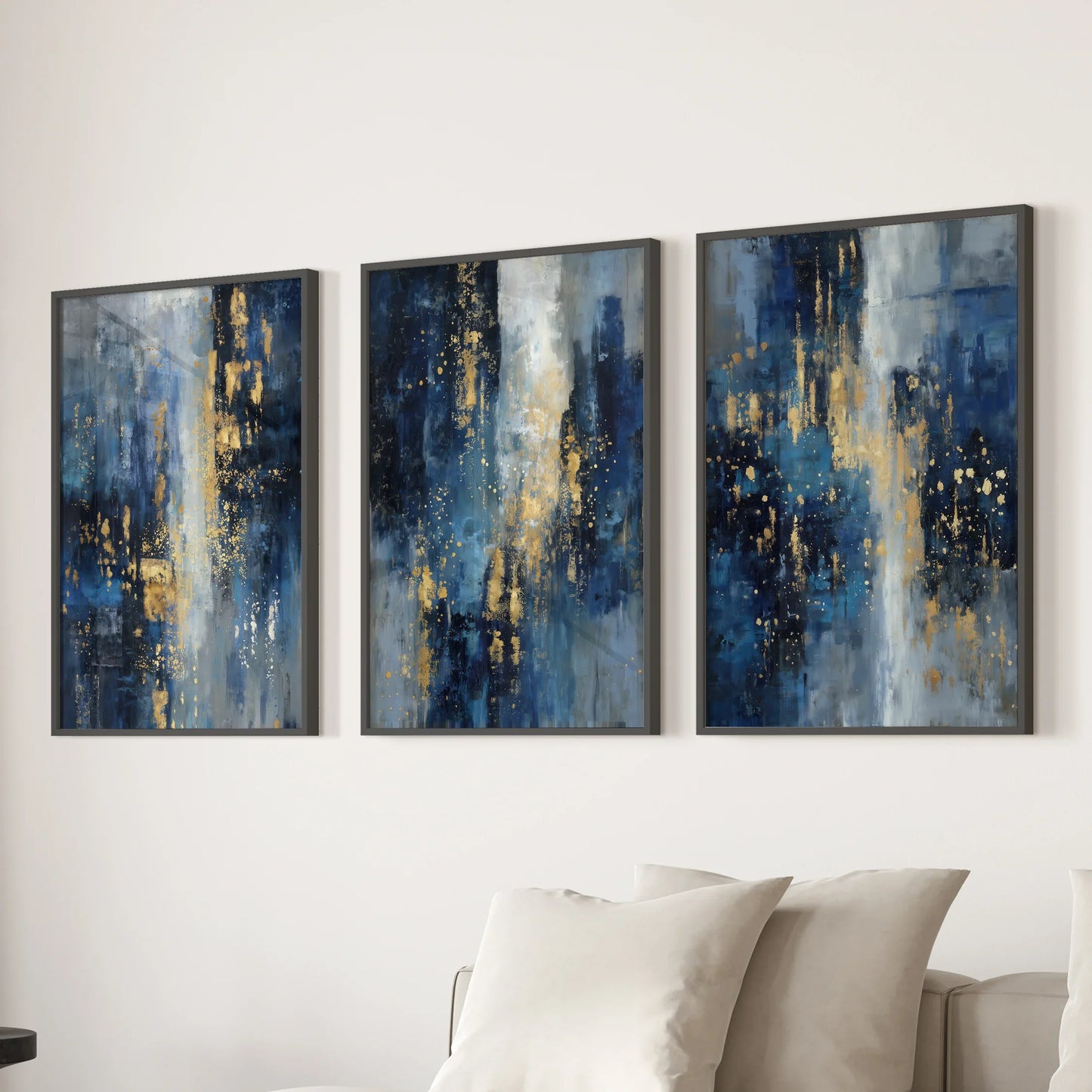 Navy Blue and Gold Abstract Wall Art Set of 3 Prints