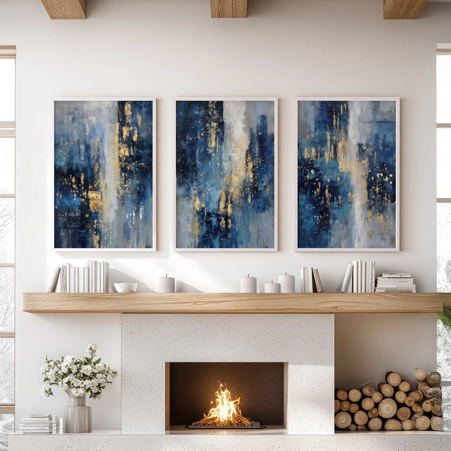 Navy Blue and Gold Abstract Wall Art Set of 3 Prints