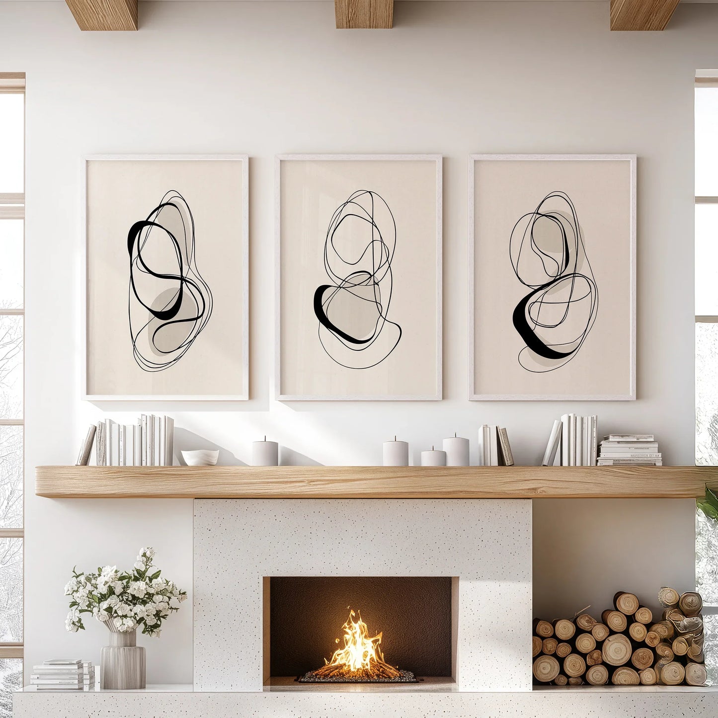 Black and Beige Abstract Wall Art Set of 3 Line Prints