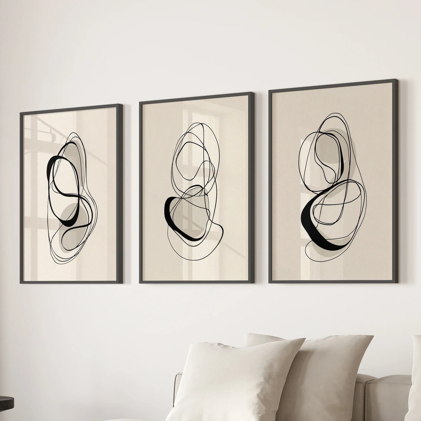 Black and Beige Abstract Wall Art Set of 3 Line Prints