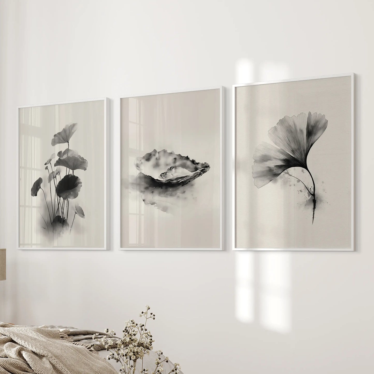 Japanese Botanical Wall Art Set of 3 Black and White Flowers