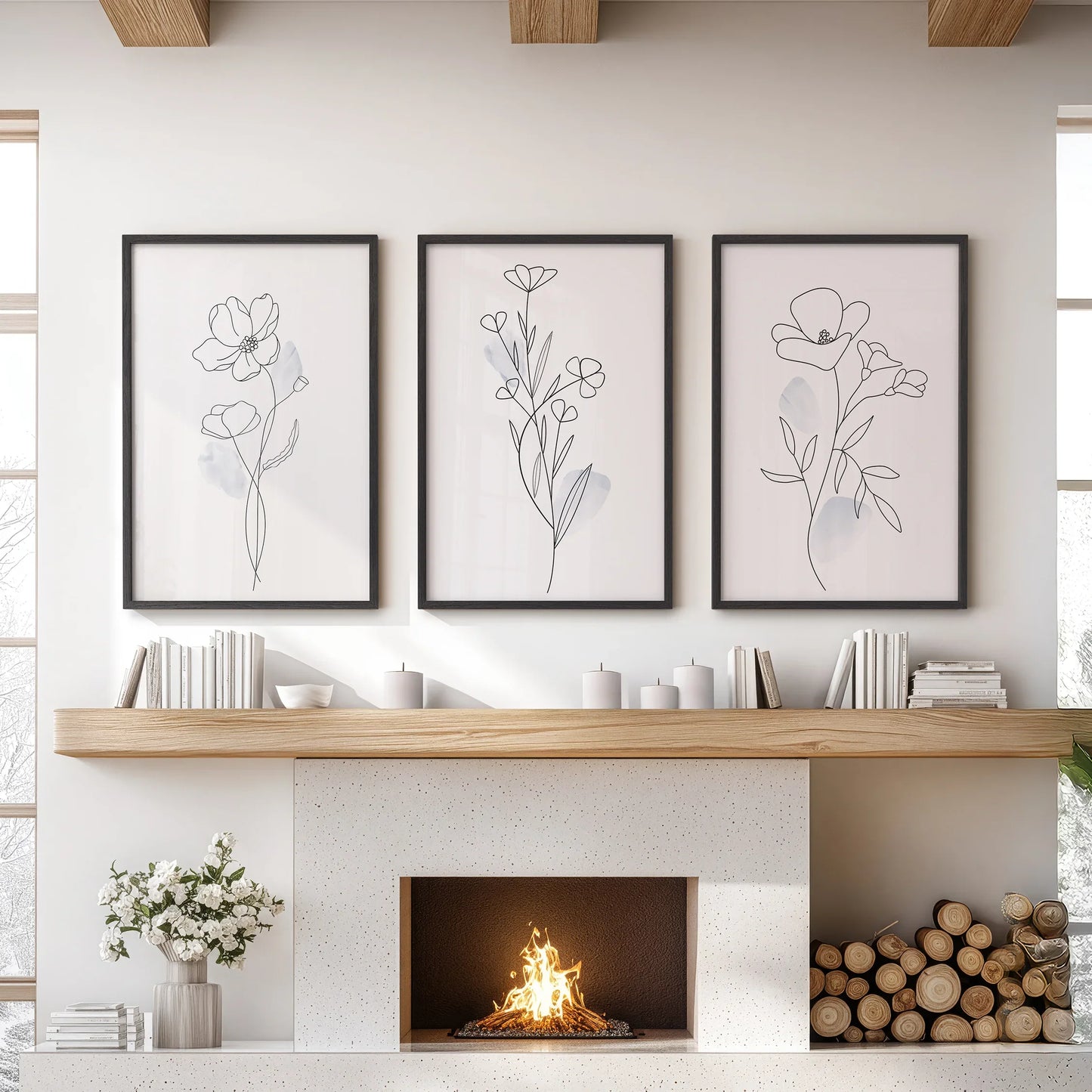 Botanical Line Art Wall Art Set of 3 Black and White