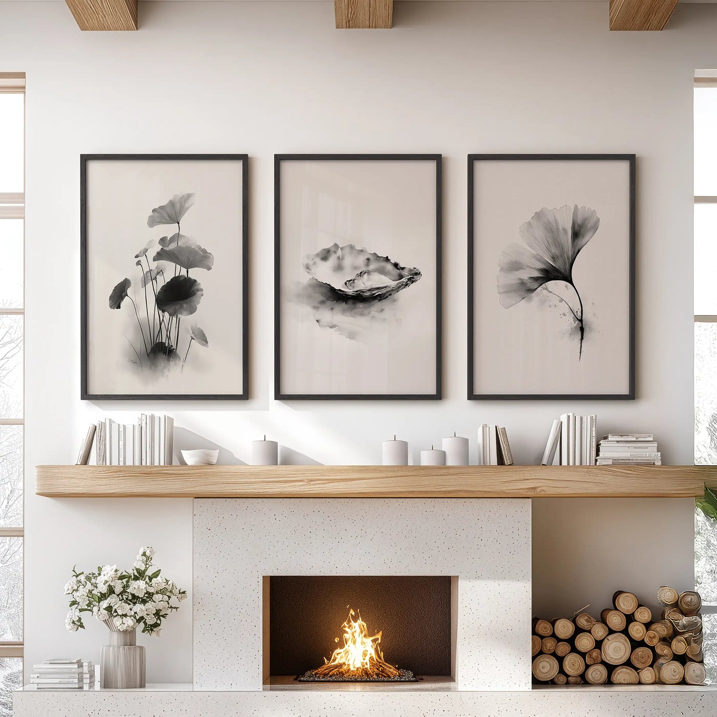 Japanese Botanical Wall Art Set of 3 Black and White Flowers