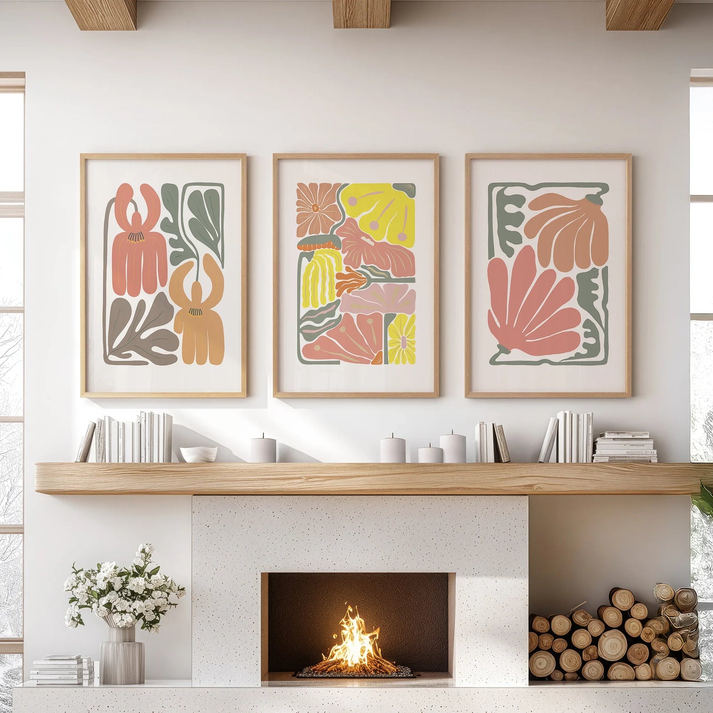 Boho Botanical Wall Art Set of 3 Abstract Flower Prints