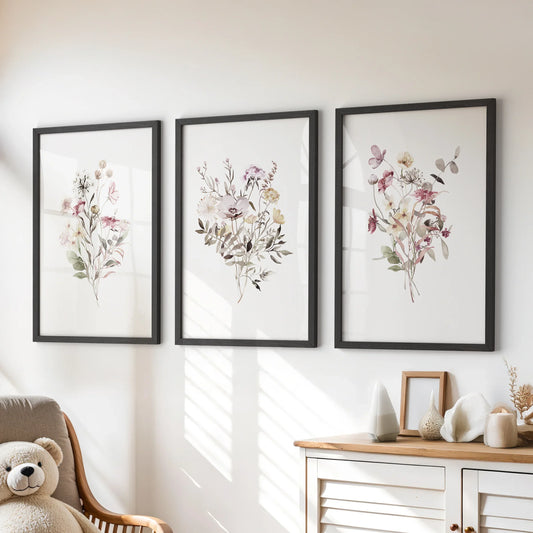 Wildflower Wall Art Set of 3 Watercolor Bouquet Prints