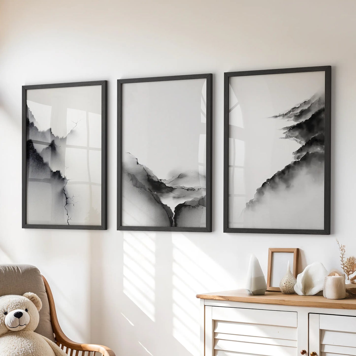 Mountain Landscape Wall Art Set of 3 Black and White Prints