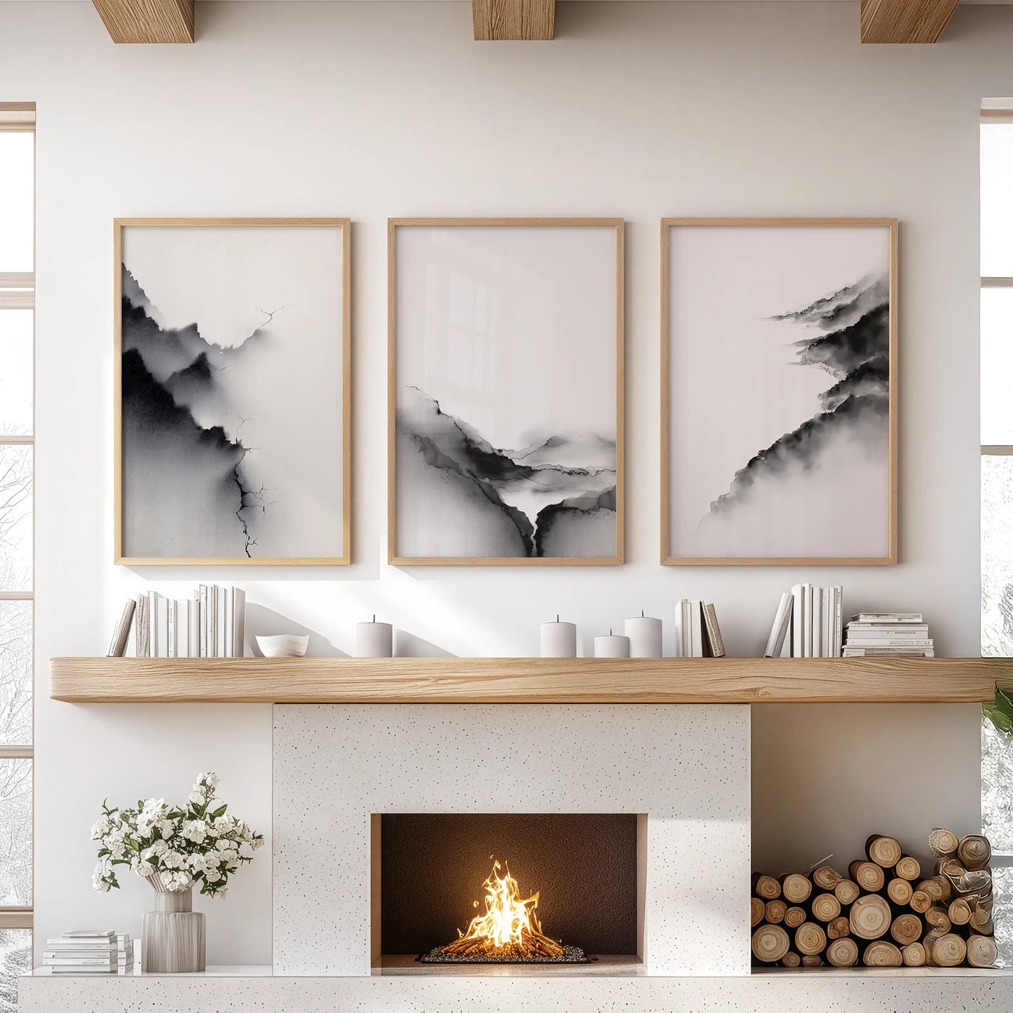 Mountain Landscape Wall Art Set of 3 Black and White Prints