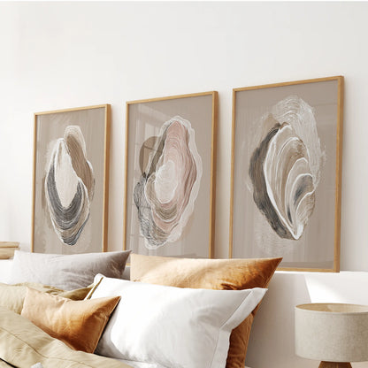 Vintage oyster shell coastal wall art set of 3 with fine line detail in neutral tones