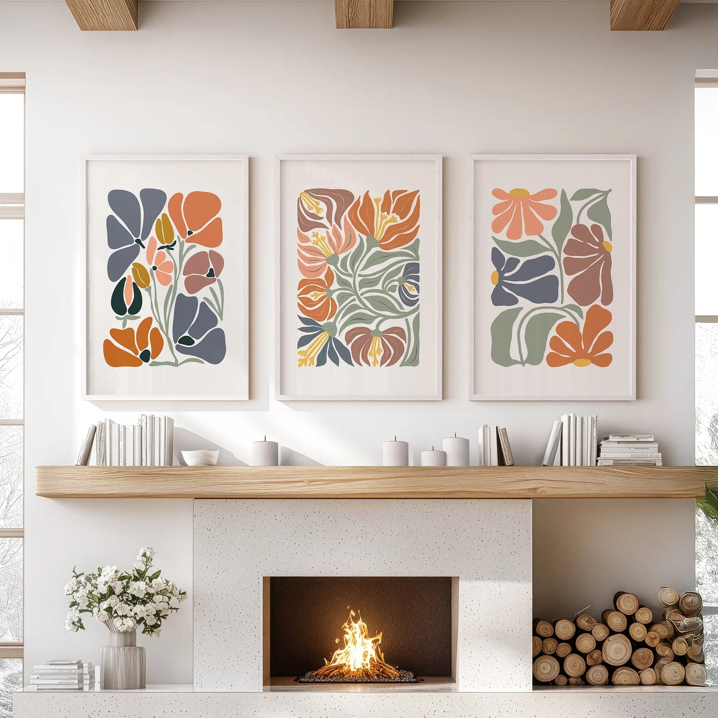 Boho Botanical Wall Art Set of 3 Abstract Flowers