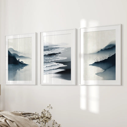 Minimalist Mountain Lake Landscape Wall Art Set of 3