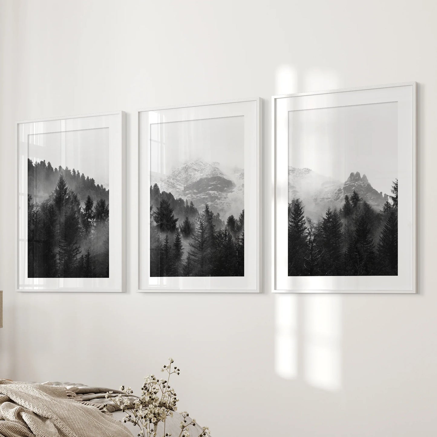 Misty Mountain Forest Wall Art Set of 3 Black and White