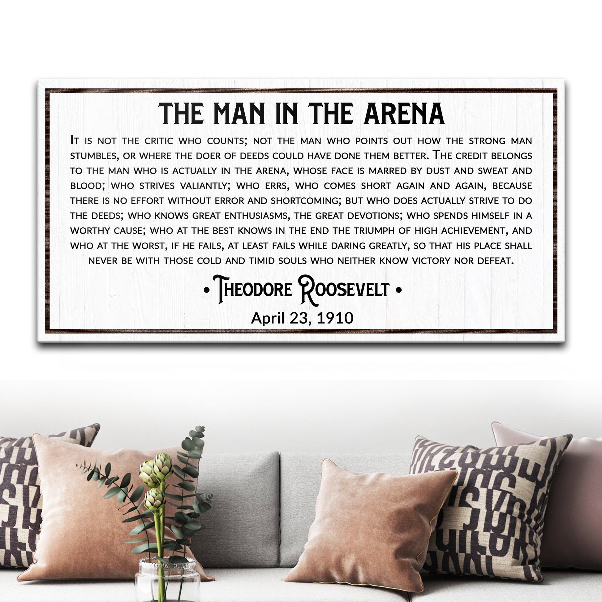 Man in the Arena motivational canvas wall art VIII wide format with rich background, gallery-wrapped
