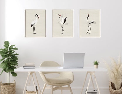 Japanese Crane Bird Framed Canvas Art Set