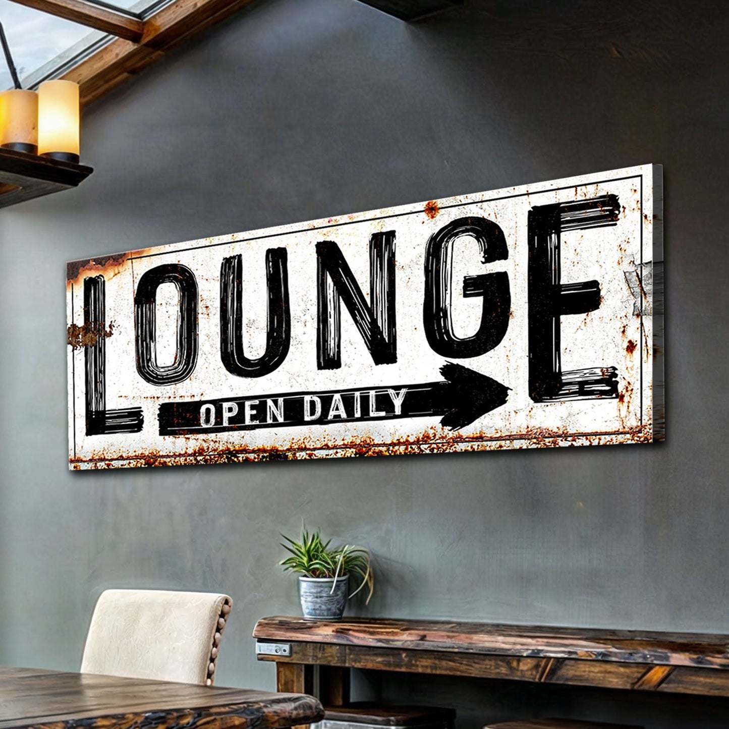 Open daily lounge rustic canvas sign for home bar and rec room decor