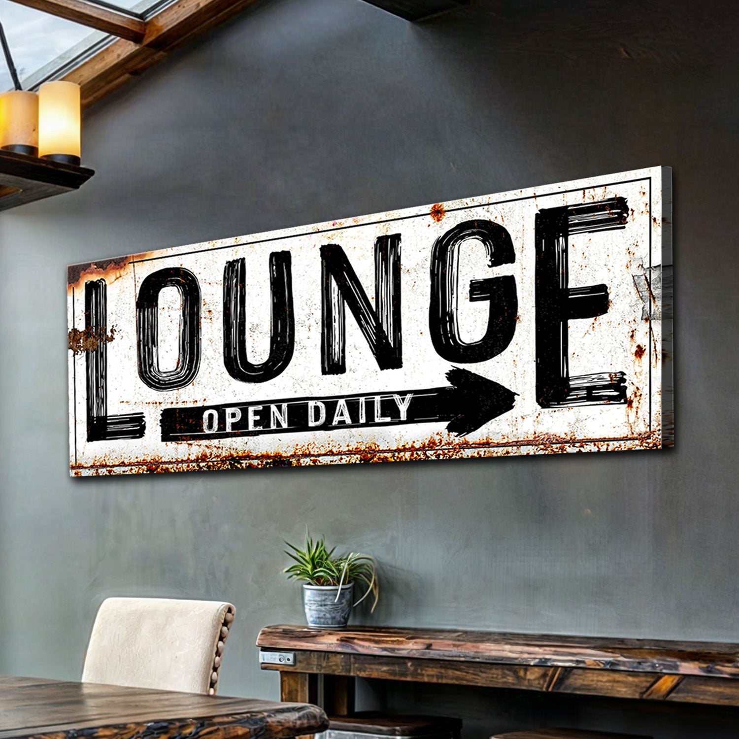 Open daily lounge rustic canvas sign for home bar and rec room decor