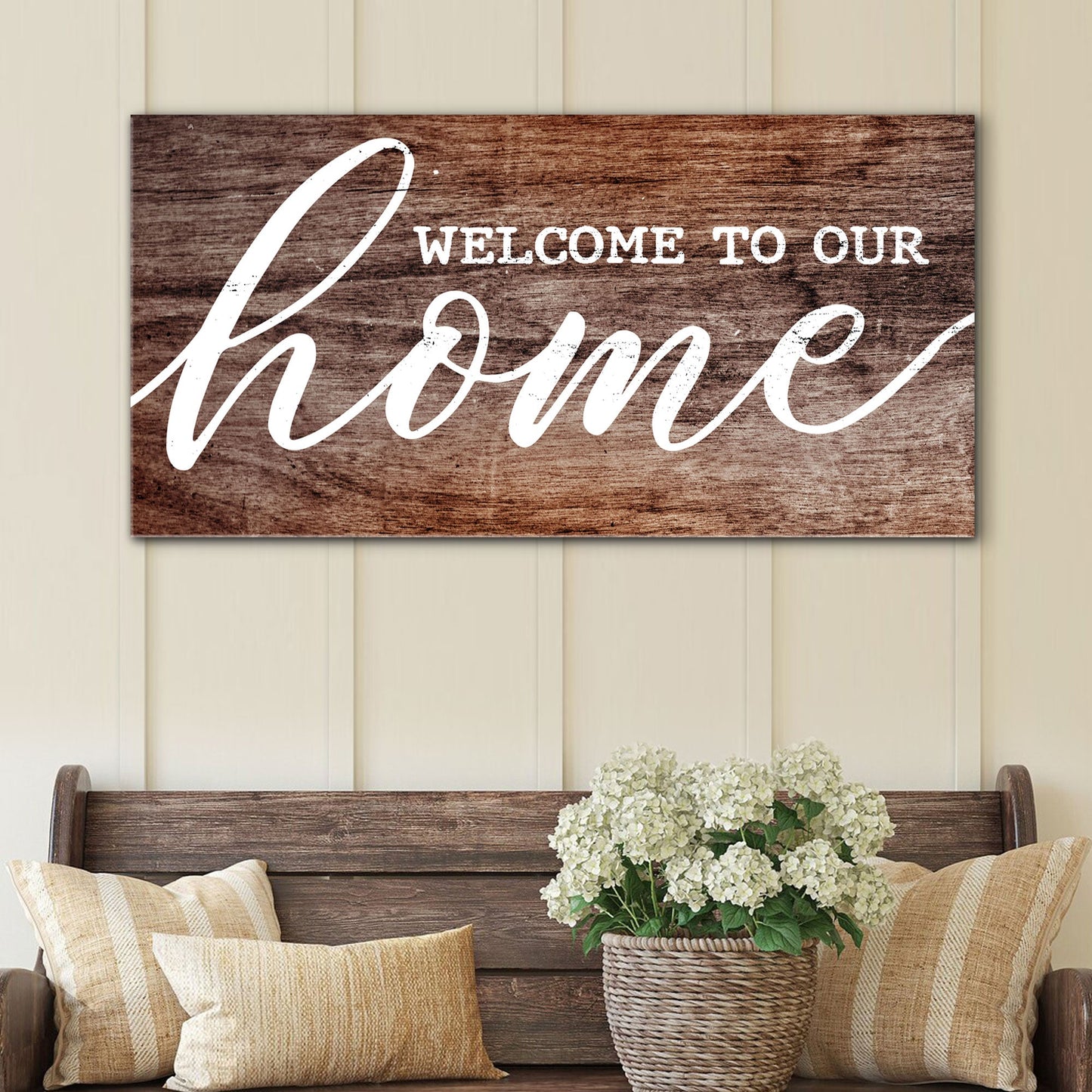 Welcome To Our Home canvas sign with warm typography for living rooms and entryways