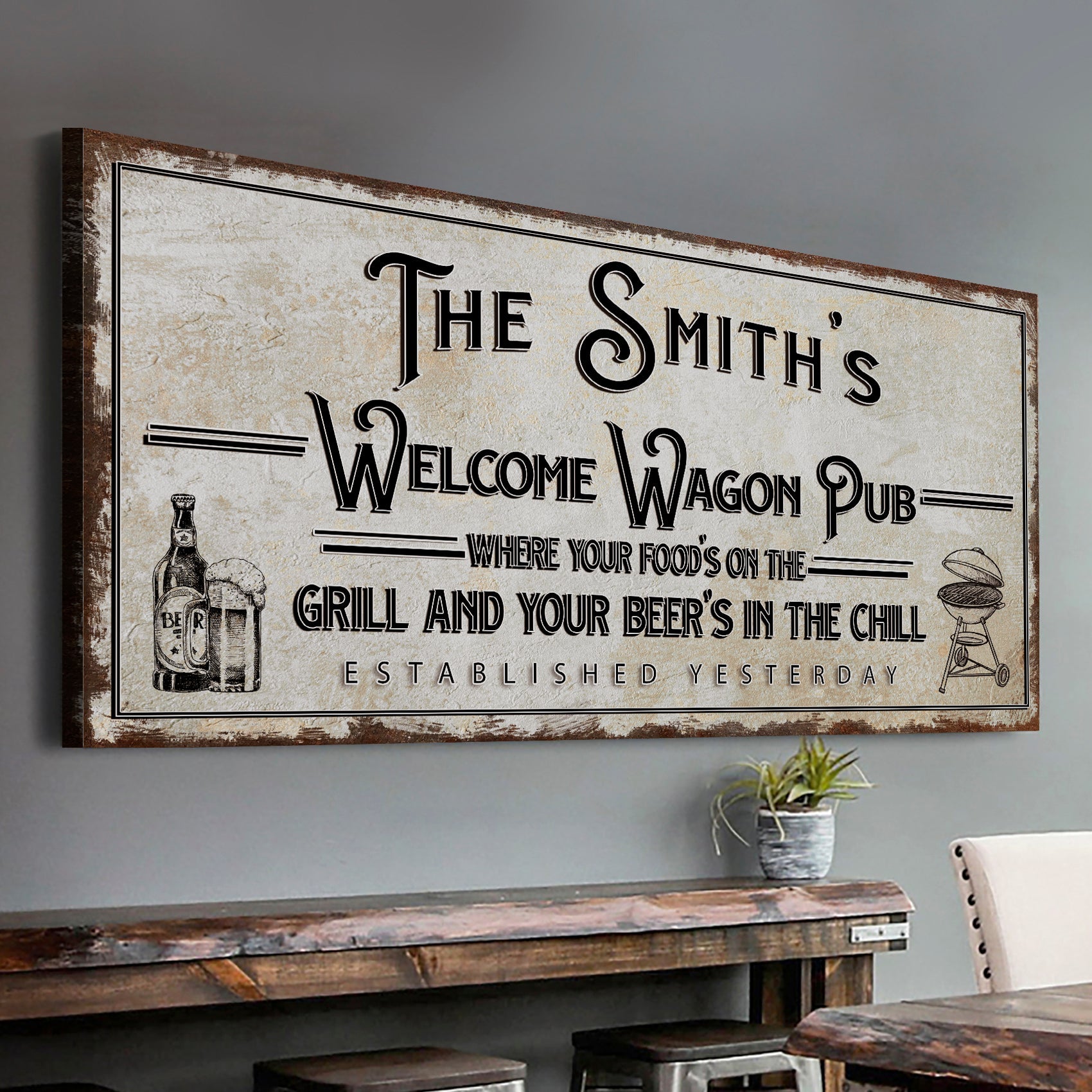 Welcome Wagon Pub Beer canvas sign with rustic typography for home bars and game rooms