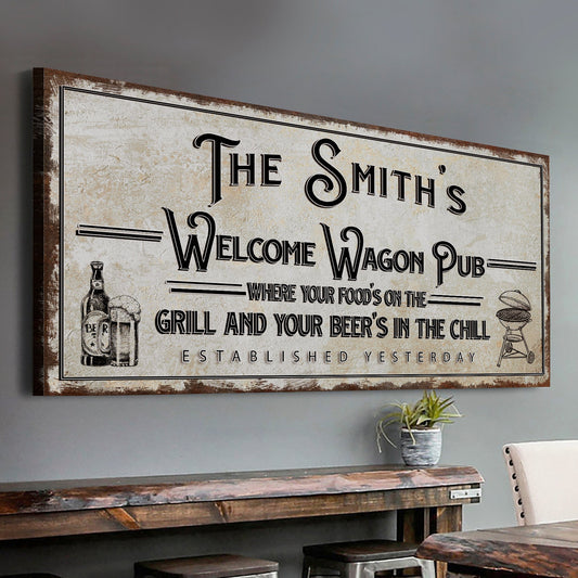 Welcome Wagon Pub Beer canvas sign with rustic typography for home bars and game rooms