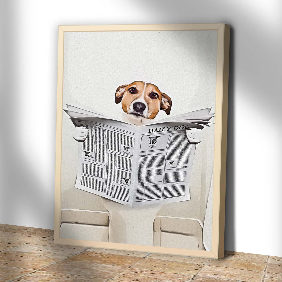 Dog Reading the Daily Dog canvas leaning against a wall, shown at an angle