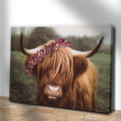 Highland Cow with Flower Crown canvas leaning on a tiled floor, angled side view