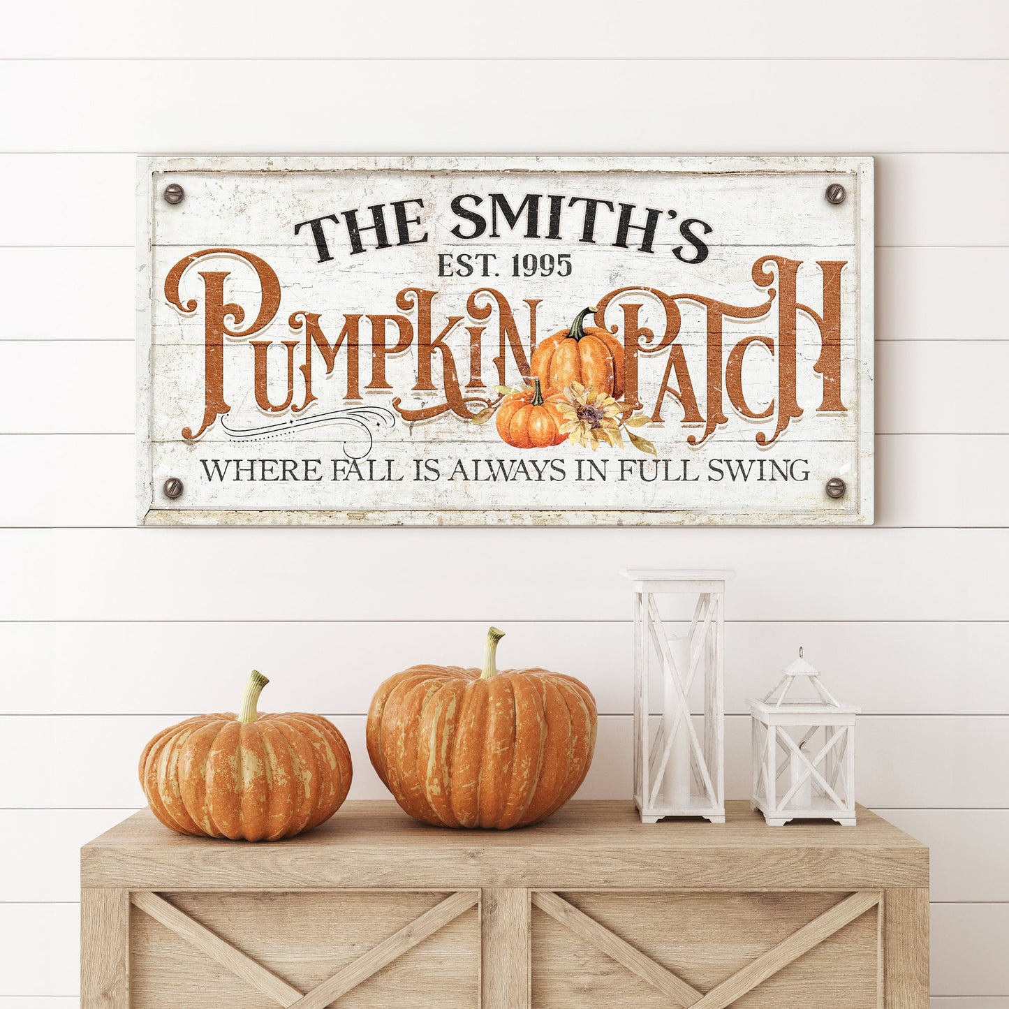 Where Fall Is Always In Full Swing pumpkin patch canvas sign with warm autumn harvest design
