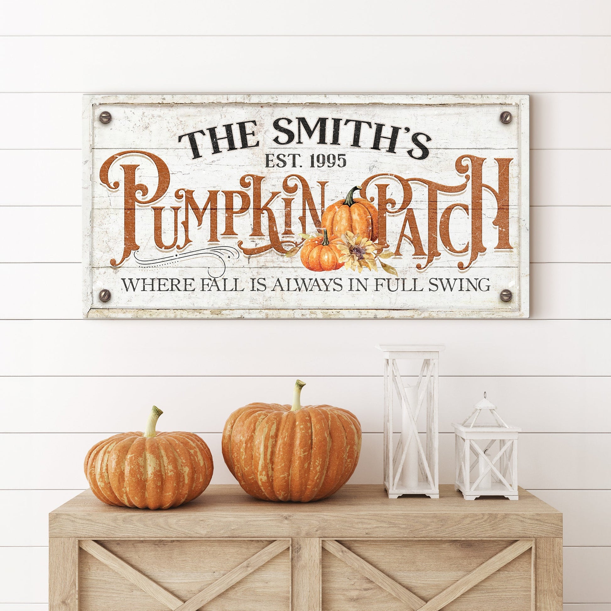 Where Fall Is Always In Full Swing pumpkin patch canvas sign with warm autumn harvest design