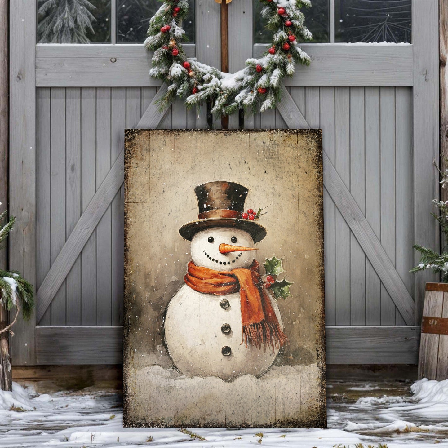 Vintage Snowman Christmas Canvas Wall Art IV