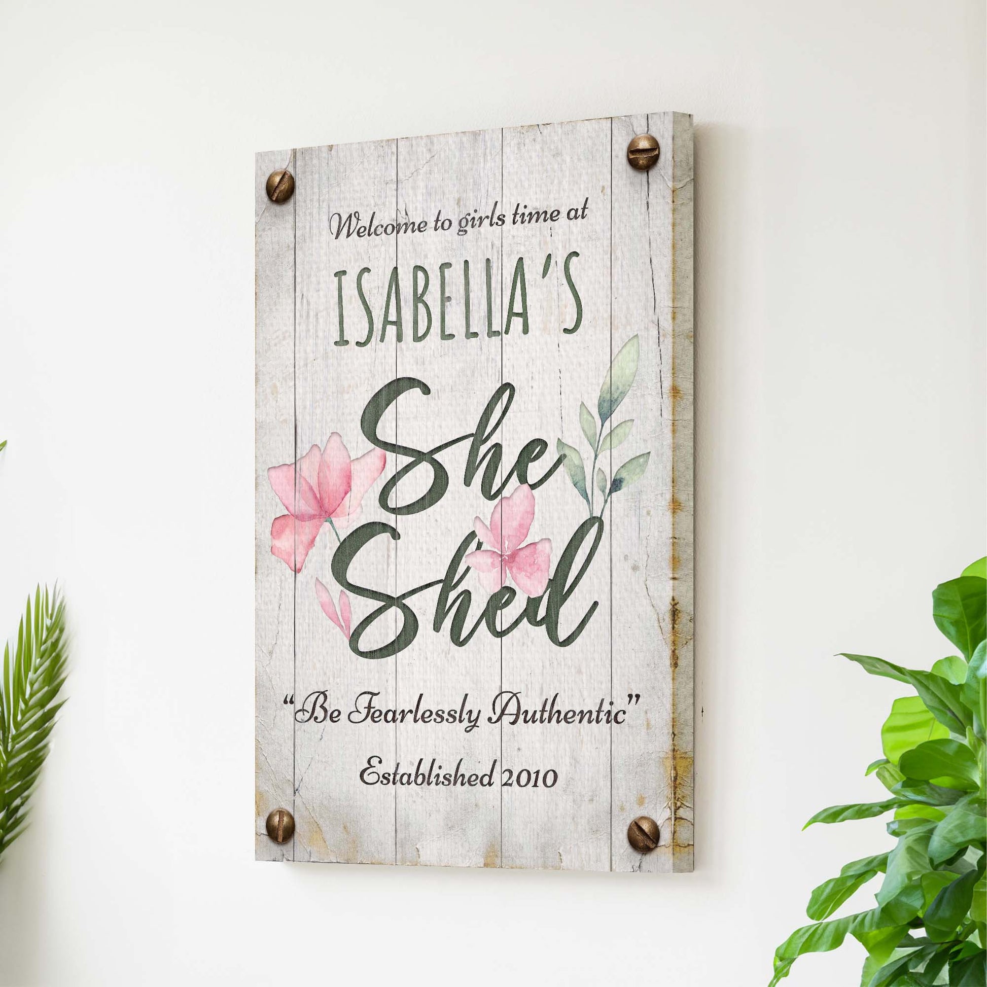 She Shed canvas sign IV with warm decorative text for personal retreat and craft room decor