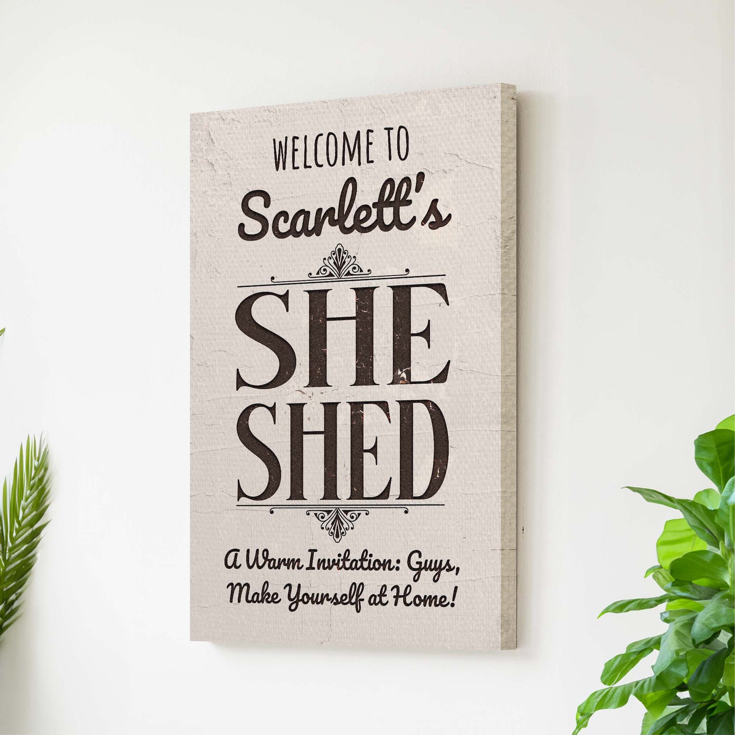 She Shed decorative canvas sign with charming fixed text for personal retreat garden studio