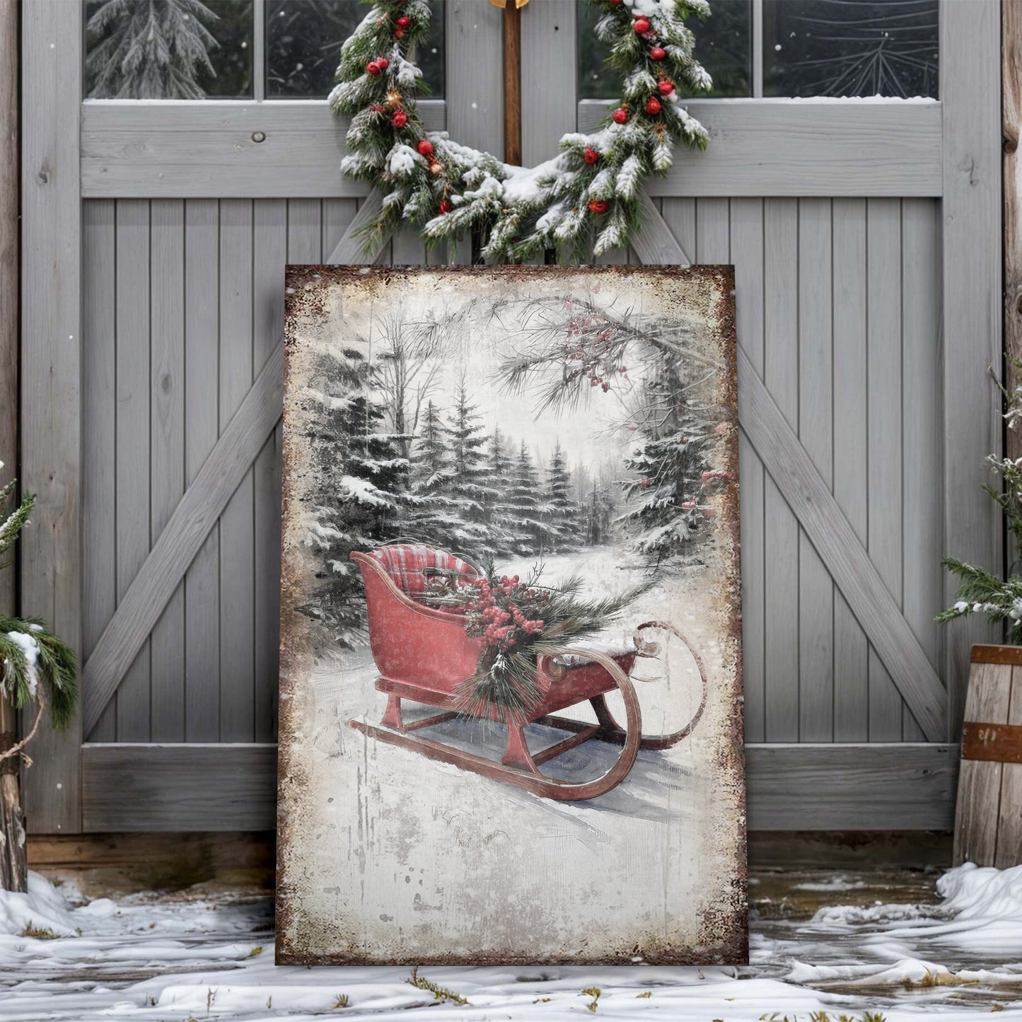 Vintage Christmas Sledge canvas wall art, nostalgic illustrated sled in snowy winter scene