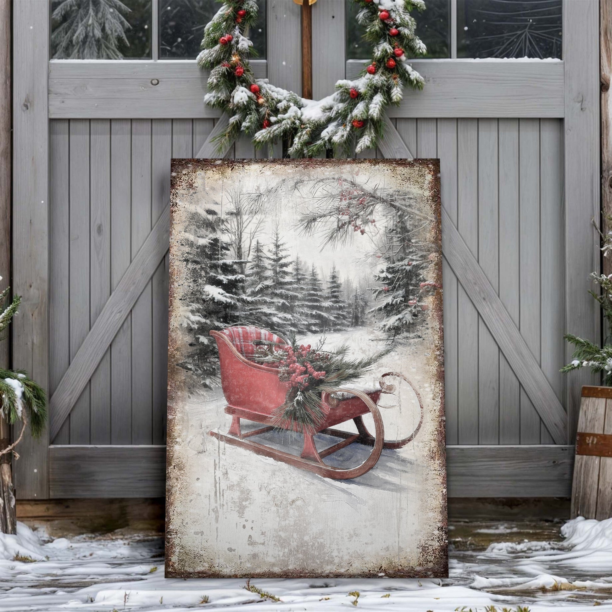 Vintage Christmas Sledge canvas wall art, nostalgic illustrated sled in snowy winter scene