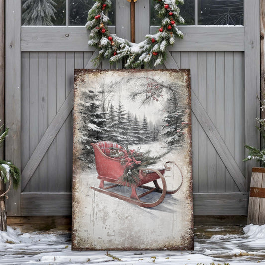 Vintage Christmas Sledge canvas wall art, nostalgic illustrated sled in snowy winter scene