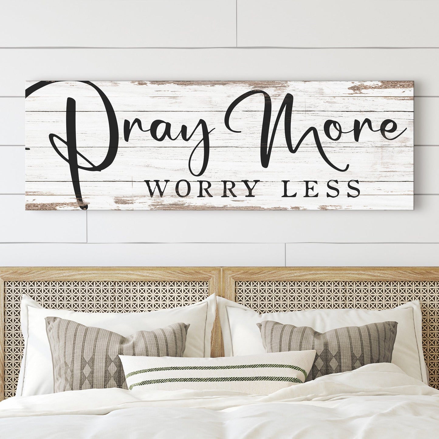Pray More Worry Less faith canvas wall art III — soft typographic Christian decor