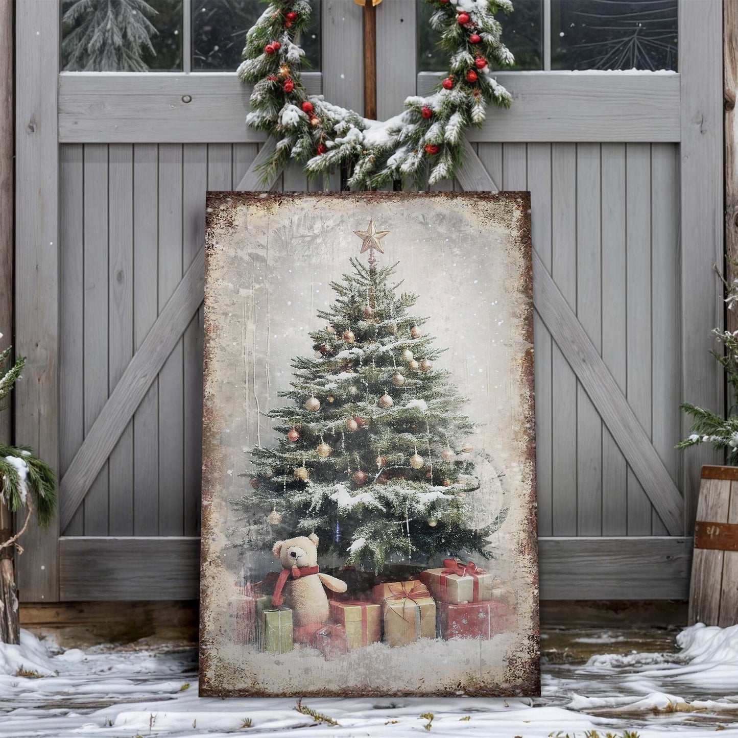 Vintage Christmas Tree With Gifts canvas wall art II, glowing tree with presents holiday scene