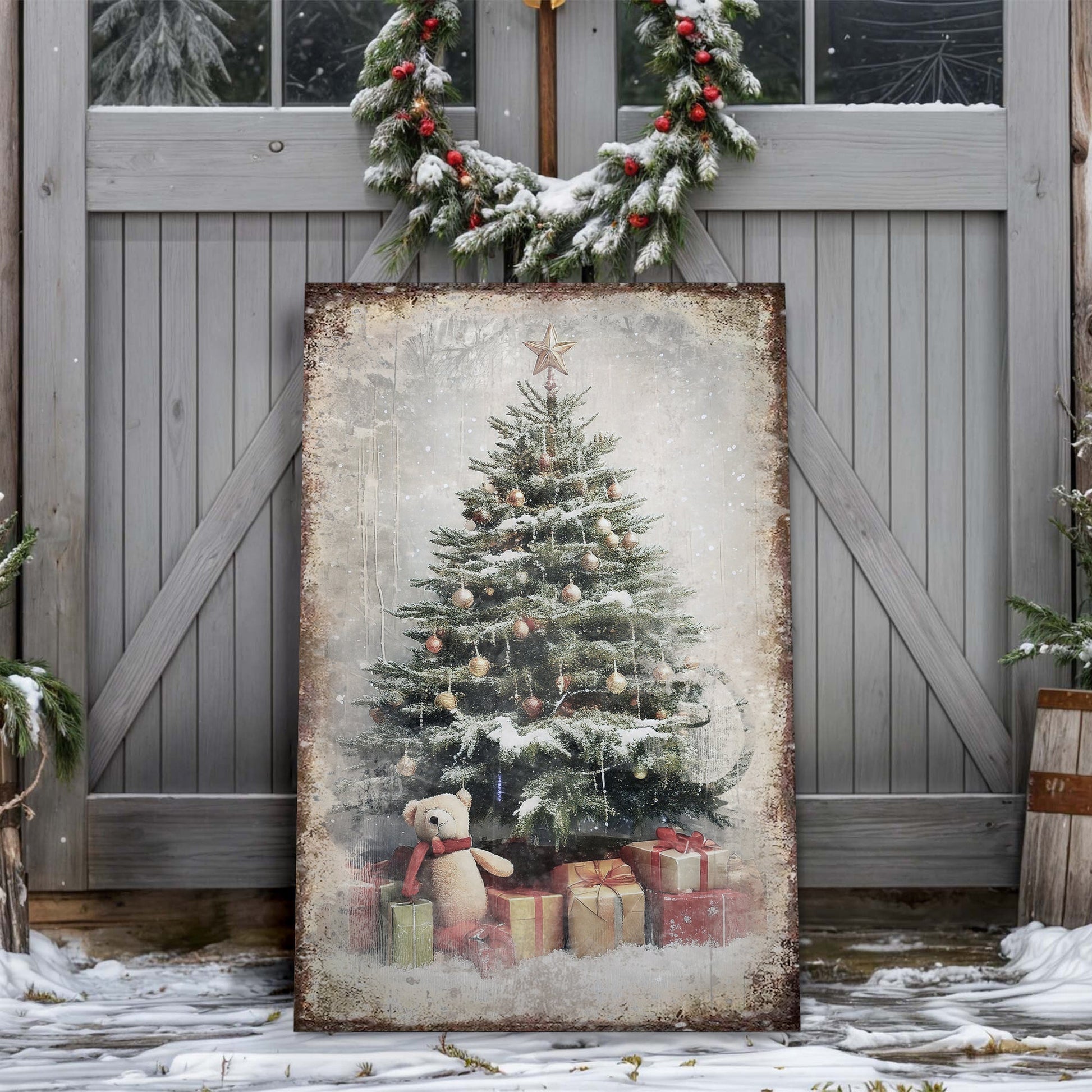 Vintage Christmas Tree With Gifts canvas wall art II, glowing tree with presents holiday scene