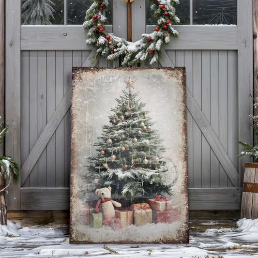 Vintage Christmas Tree With Gifts canvas wall art II, glowing tree with presents holiday scene