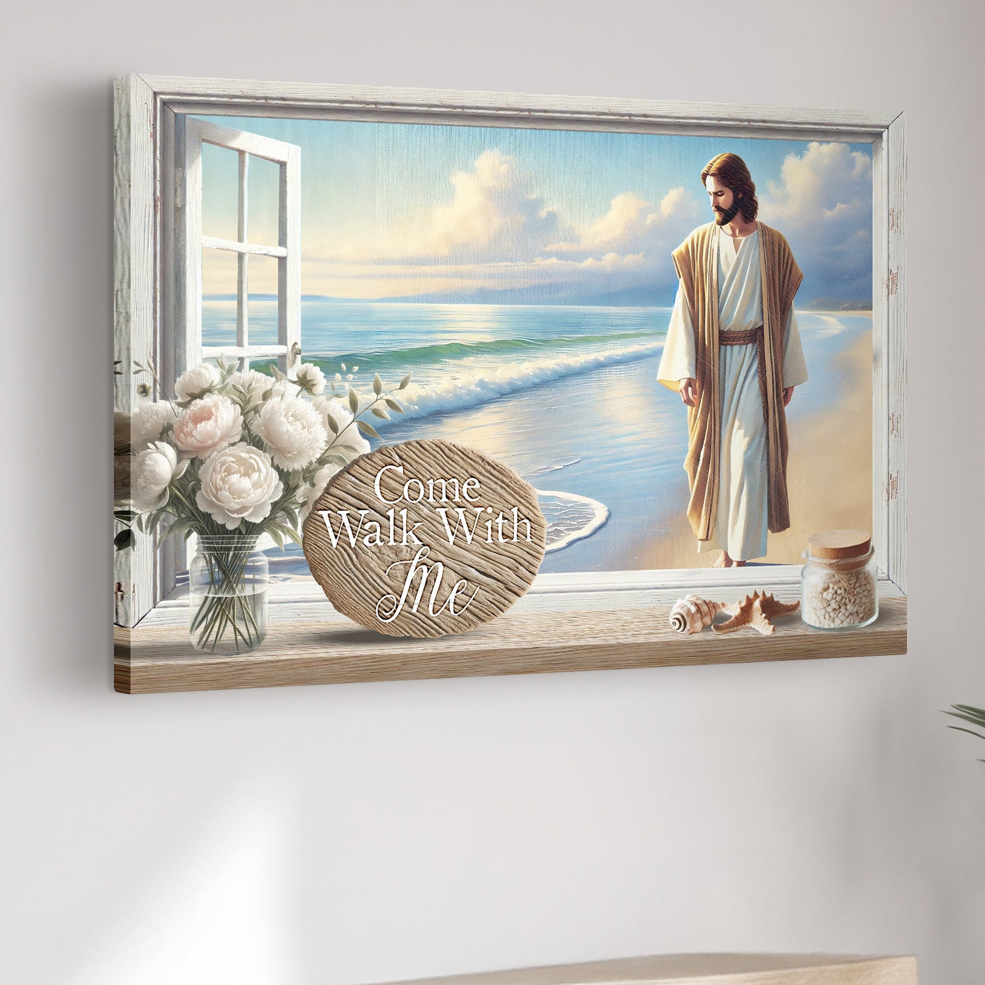 Come Walk With Me faith canvas wall art with a calm inviting message, ready to hang