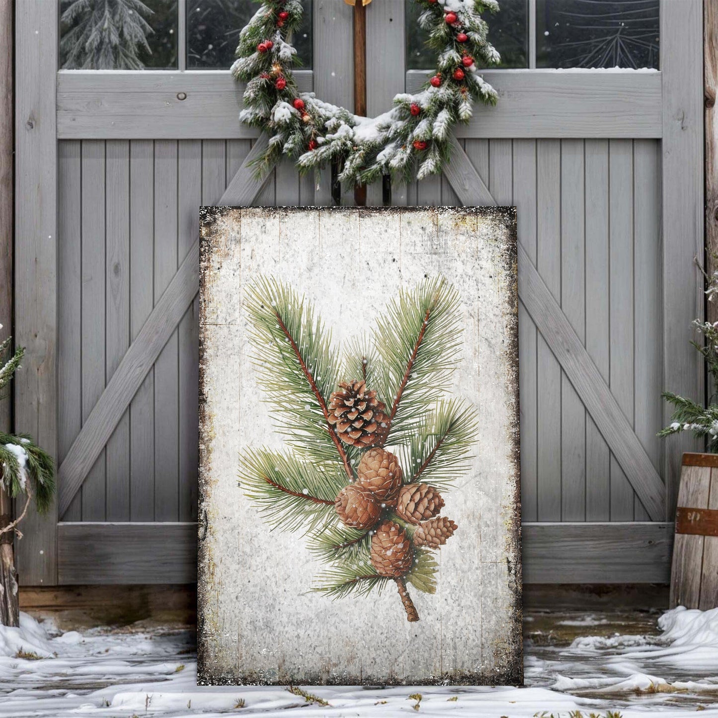 Vintage Winter Pine Cone Canvas Wall Art IV