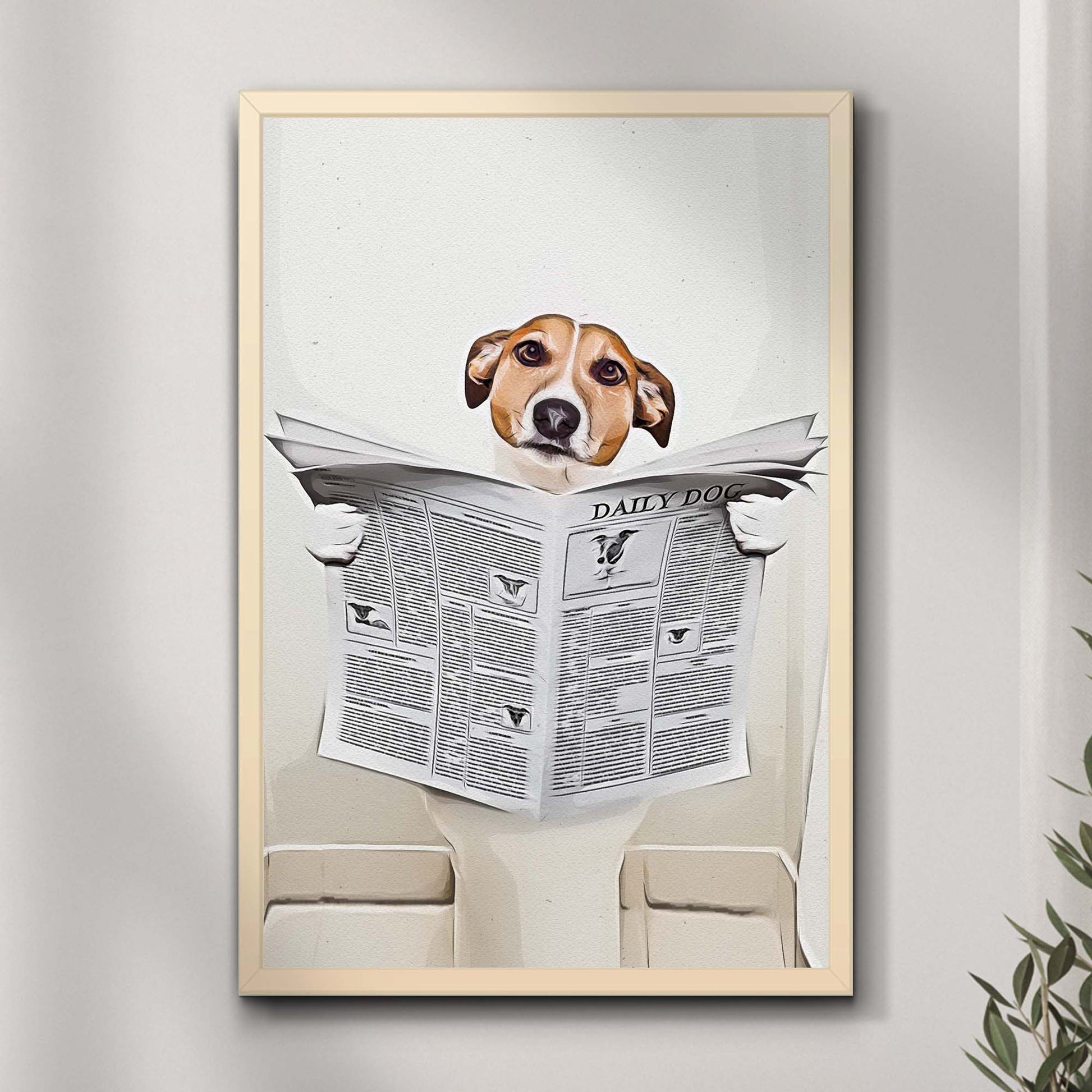 Humorous dog reading newspaper portrait canvas wall art for dog lovers