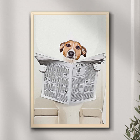 Humorous dog reading newspaper portrait canvas wall art for dog lovers