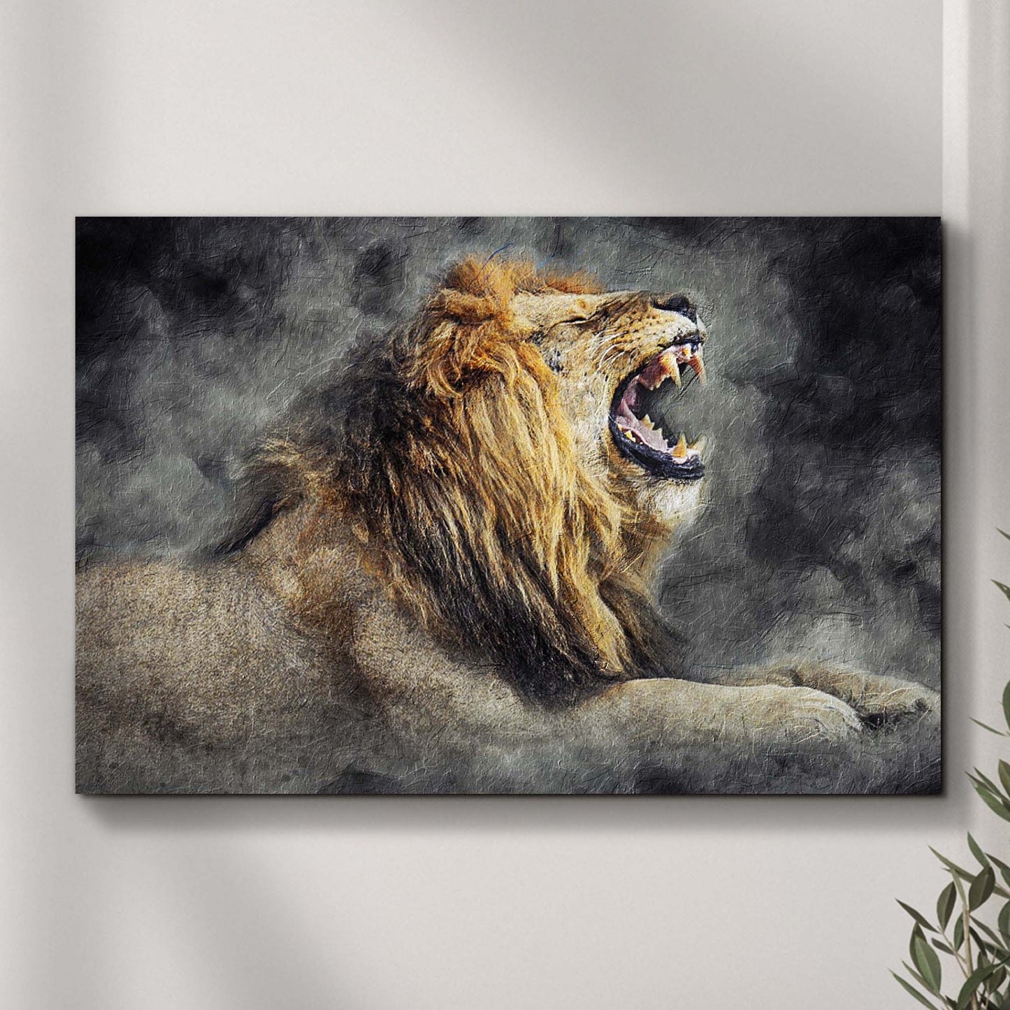 Lion yawn painting canvas wall art — detailed big cat wildlife art, ready to hang
