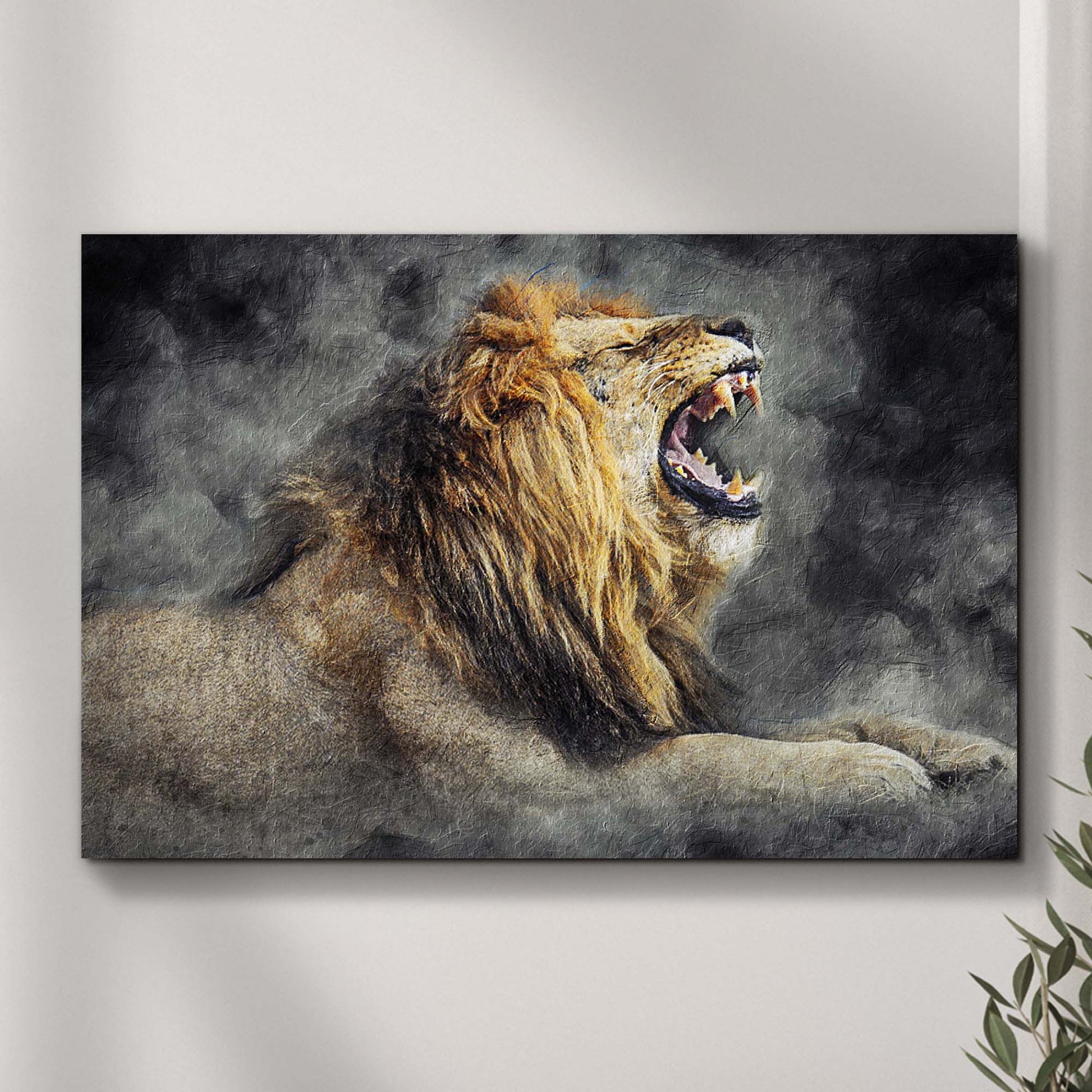 Lion yawn painting canvas wall art — detailed big cat wildlife art, ready to hang